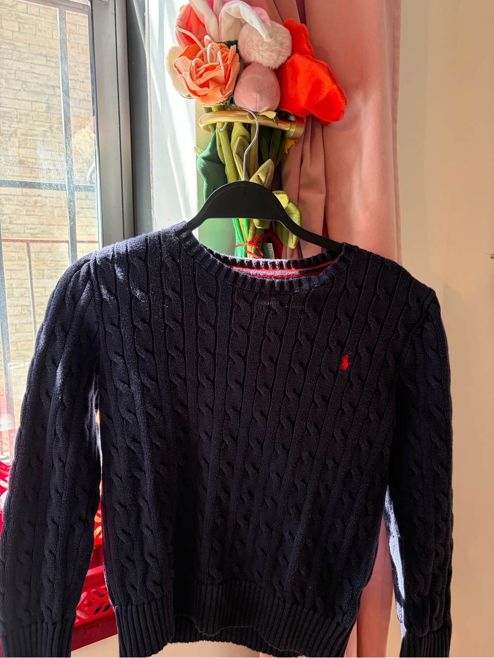 Ralph Lauren Navy Cable-Knit Crewneck Sweater with Red Polo Logo